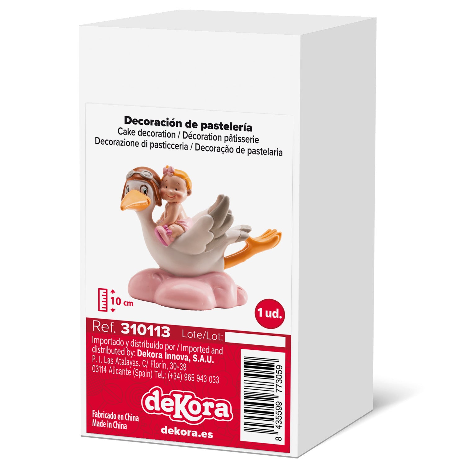 FIGURA PARA TARTA DE BAUTIZO CIGÜEÑA VOLANDO ROSA 10CM