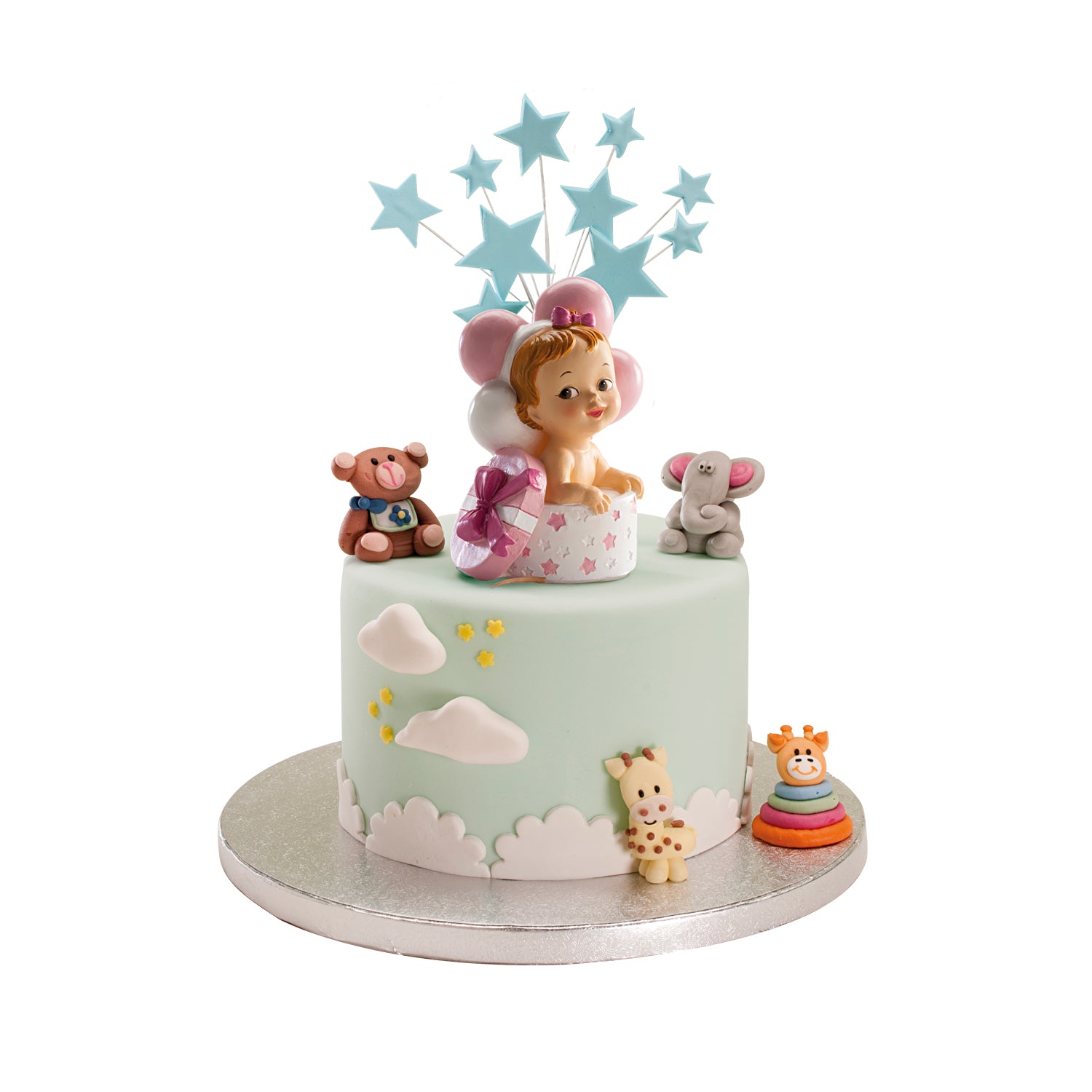 FIGURA TARTA BAUTIZO BEBÉ REGALO Y GLOBOS ROSA 10,5 CM