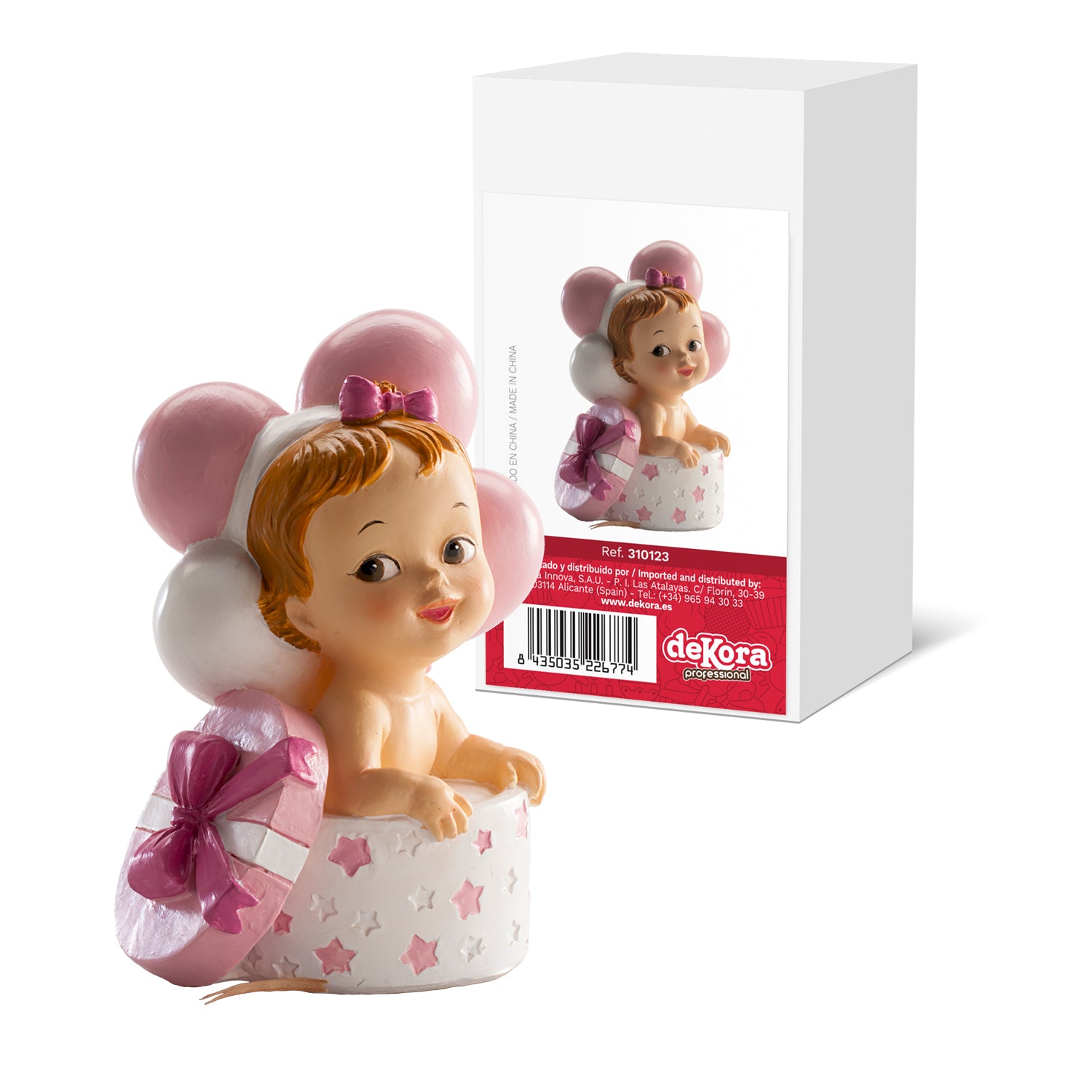 FIGURA TARTA BAUTIZO BEBÉ REGALO Y GLOBOS ROSA 10,5 CM