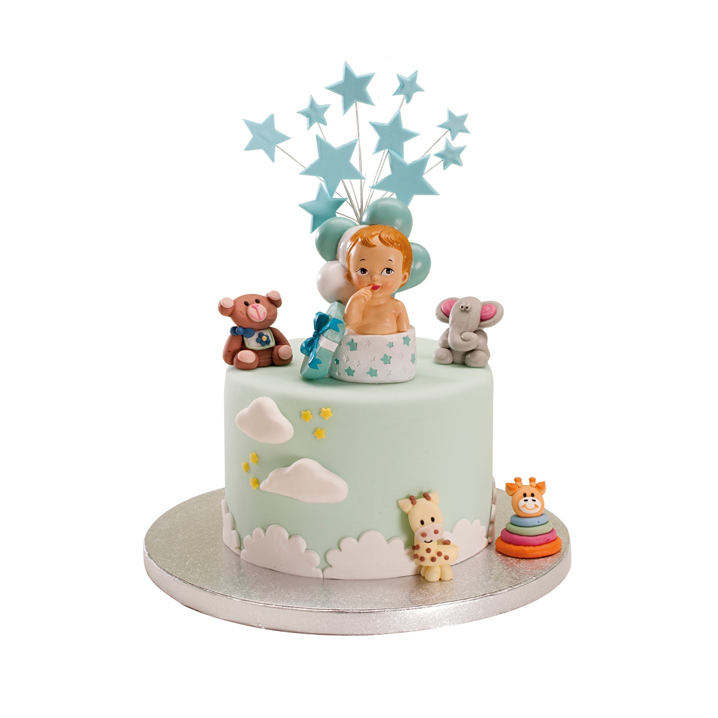 FIGURA TARTA BAUTIZO BEBÉ REGALO Y GLOBOS AZUL 10,5 CM