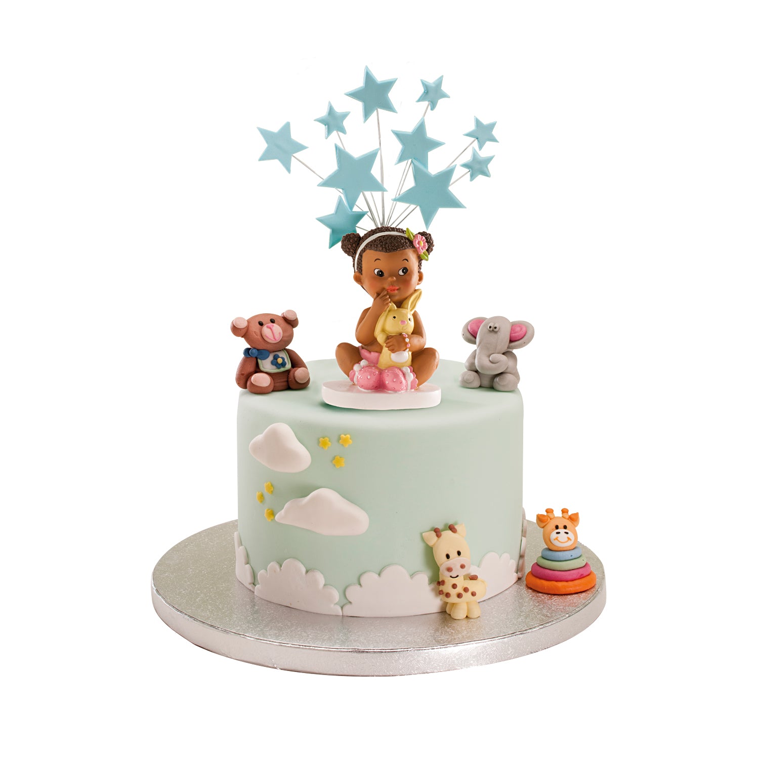 FIGURA TARTA BAUTIZO NIÑA SENTADA CON CONEJITO 10CM