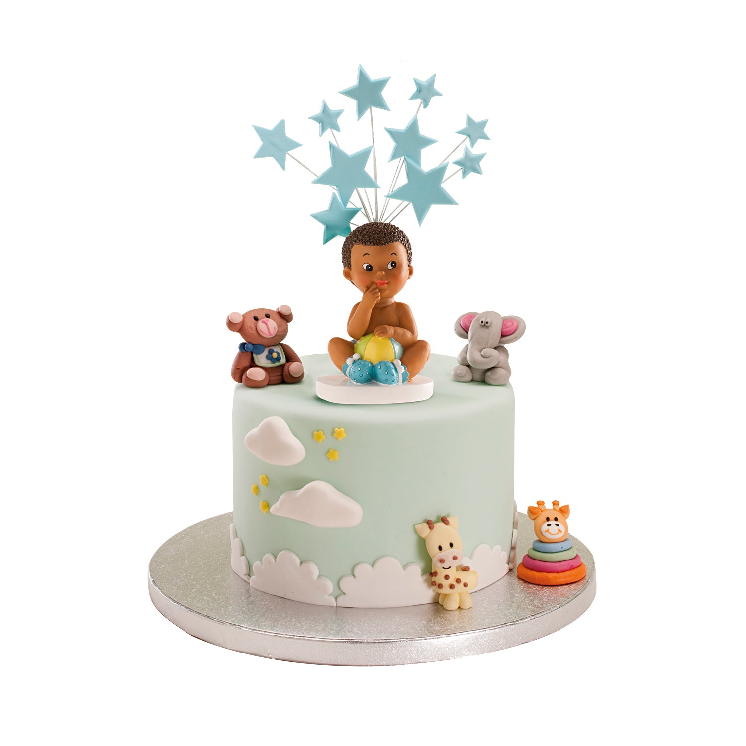 FIGURA TARTA BAUTIZO NIÑO SENTADO CON PELOTA 10CM