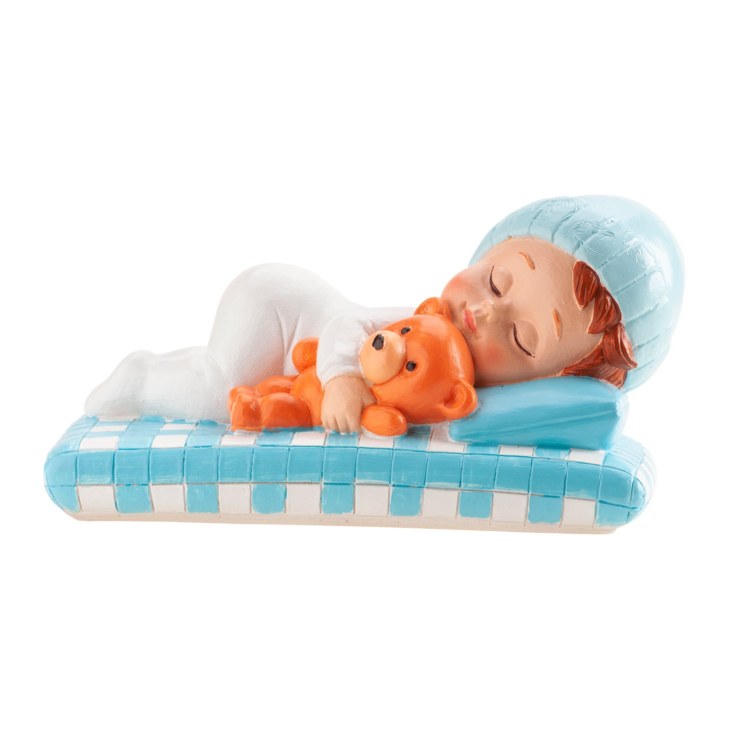 FIGURA PARA TARTA BAUTIZO NIÑO CON MANTA VICHY AZUL 5.6CM