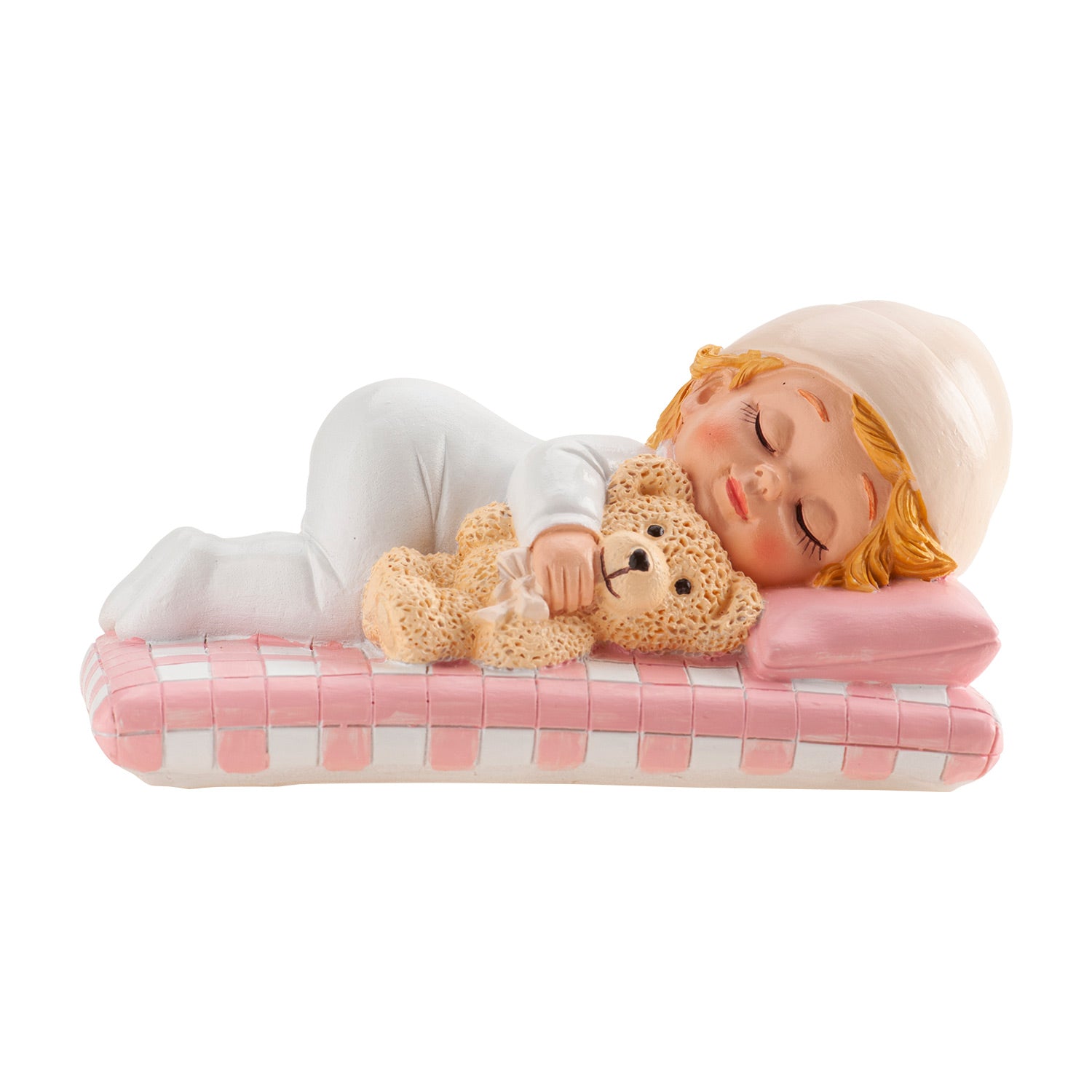 FIGURA PARA TARTA BAUTIZO NIÑA CON MANTA VICHY ROSA 5.6CM