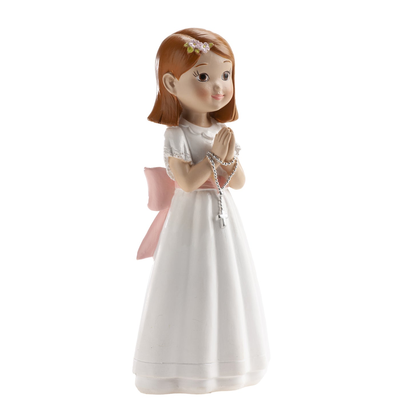 FIGURINE GÂTEAU COMMUNION CHAPELET RUBAN ROSE 16CM