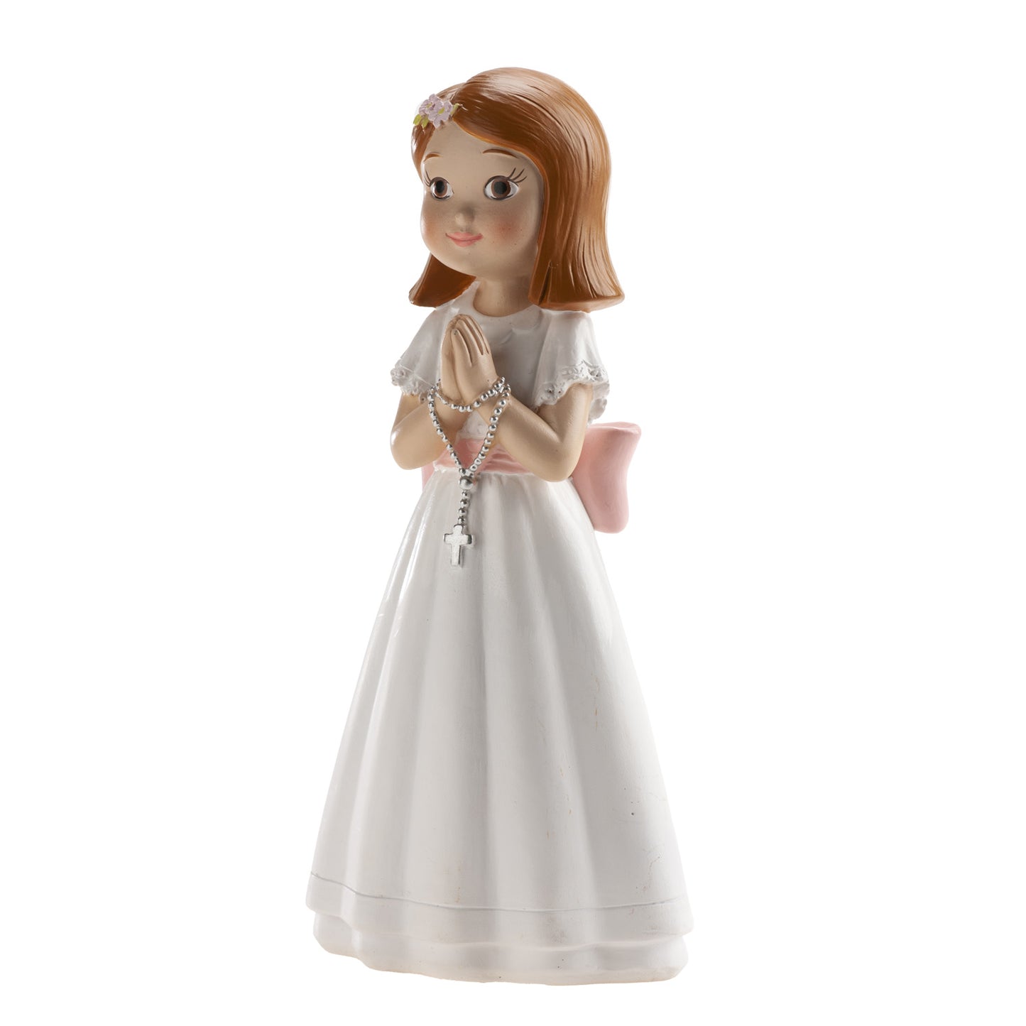 FIGURINE GÂTEAU COMMUNION CHAPELET RUBAN ROSE 16CM