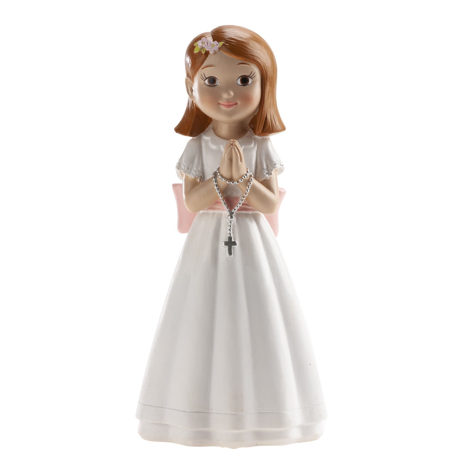 FIGURINE GÂTEAU COMMUNION CHAPELET RUBAN ROSE 16CM