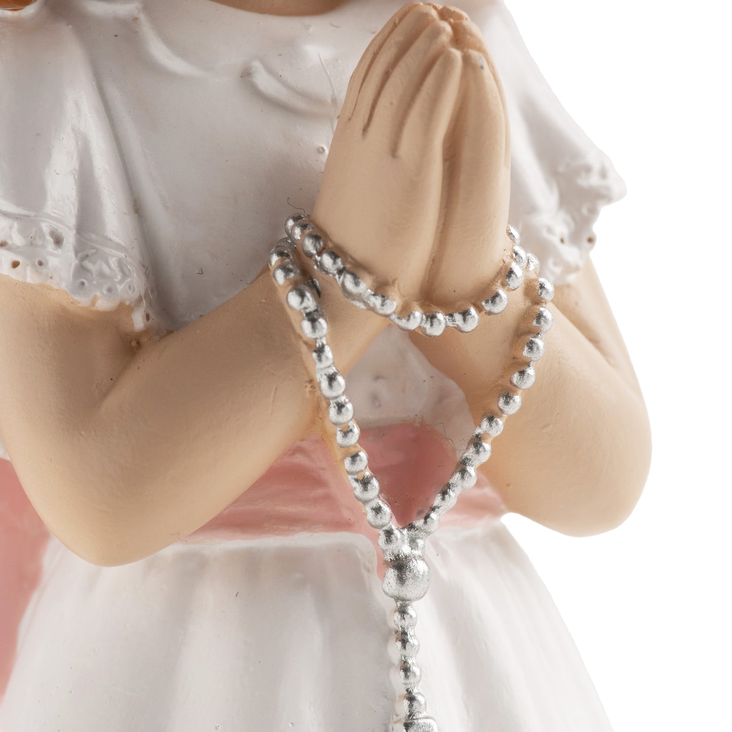 FIGURINE GÂTEAU COMMUNION CHAPELET RUBAN ROSE 16CM