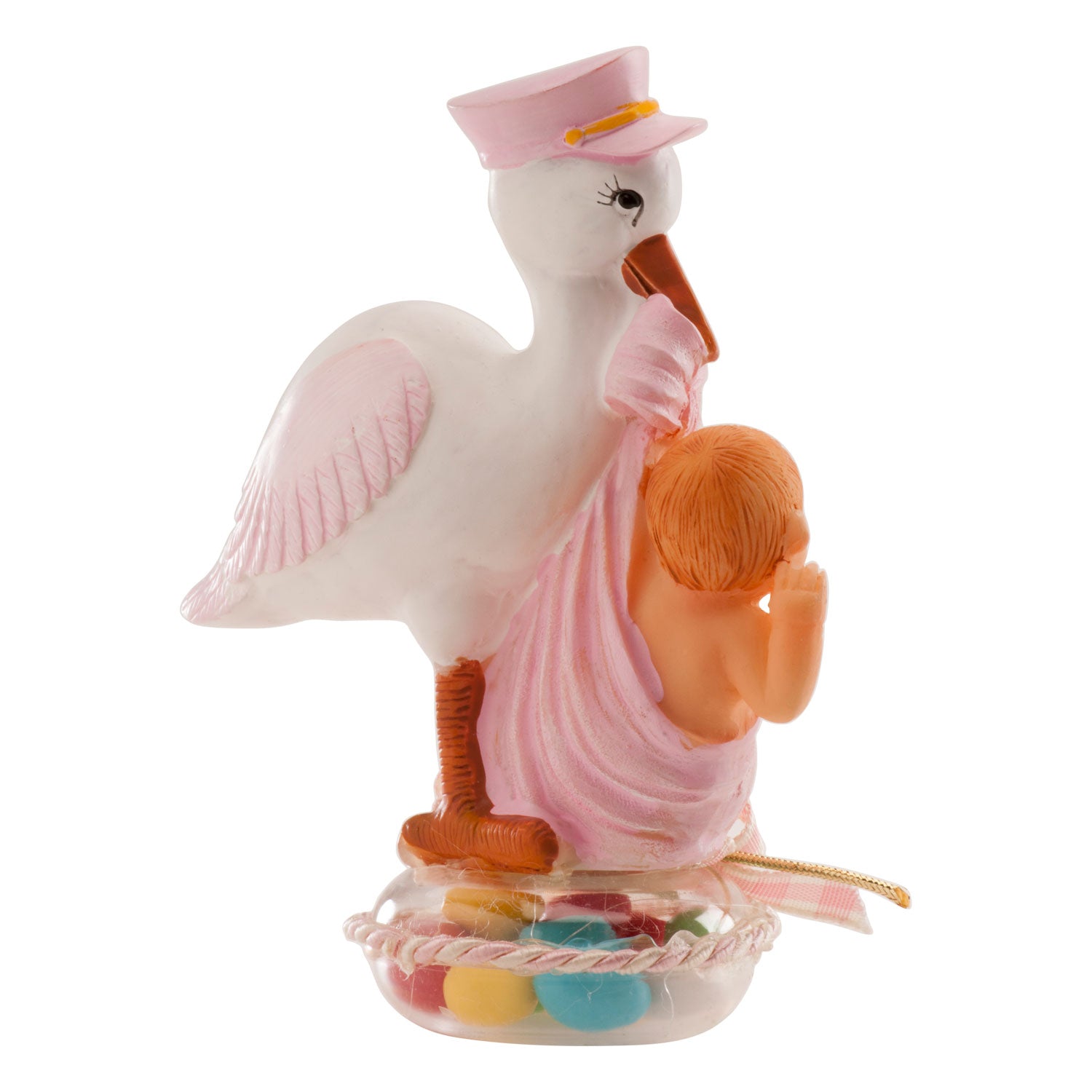 PRESENTAZIONE BATTESIMO CICOGNA CON CAPPELLO ROSA 11X5CM