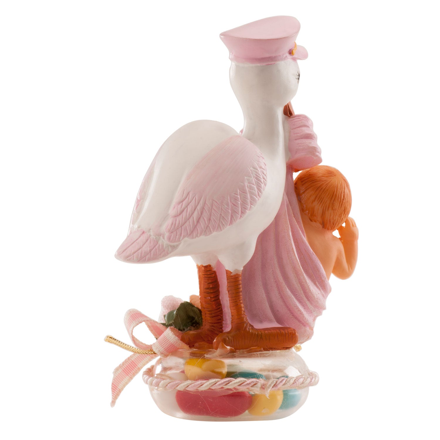 PRESENTAZIONE BATTESIMO CICOGNA CON CAPPELLO ROSA 11X5CM