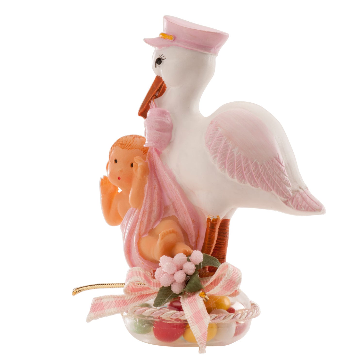 PRESENTAZIONE BATTESIMO CICOGNA CON CAPPELLO ROSA 11X5CM