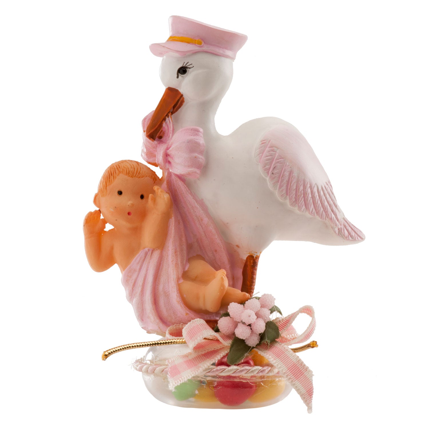 PRESENTAZIONE BATTESIMO CICOGNA CON CAPPELLO ROSA 11X5CM