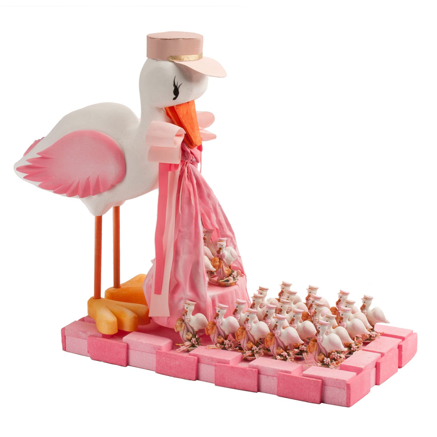 PRESENTAZIONE BATTESIMO CICOGNA CON CAPPELLO ROSA 11X5CM