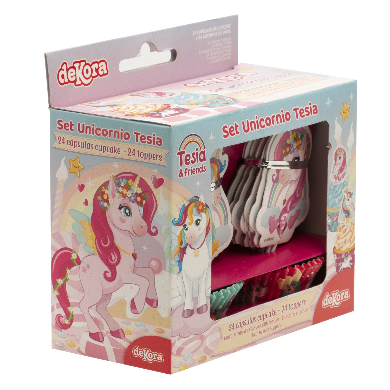 KIT DECORAÇÃO 24 CÁPSULAS CUPCAKE COM 24 TOPPERS UNICÓRNIO