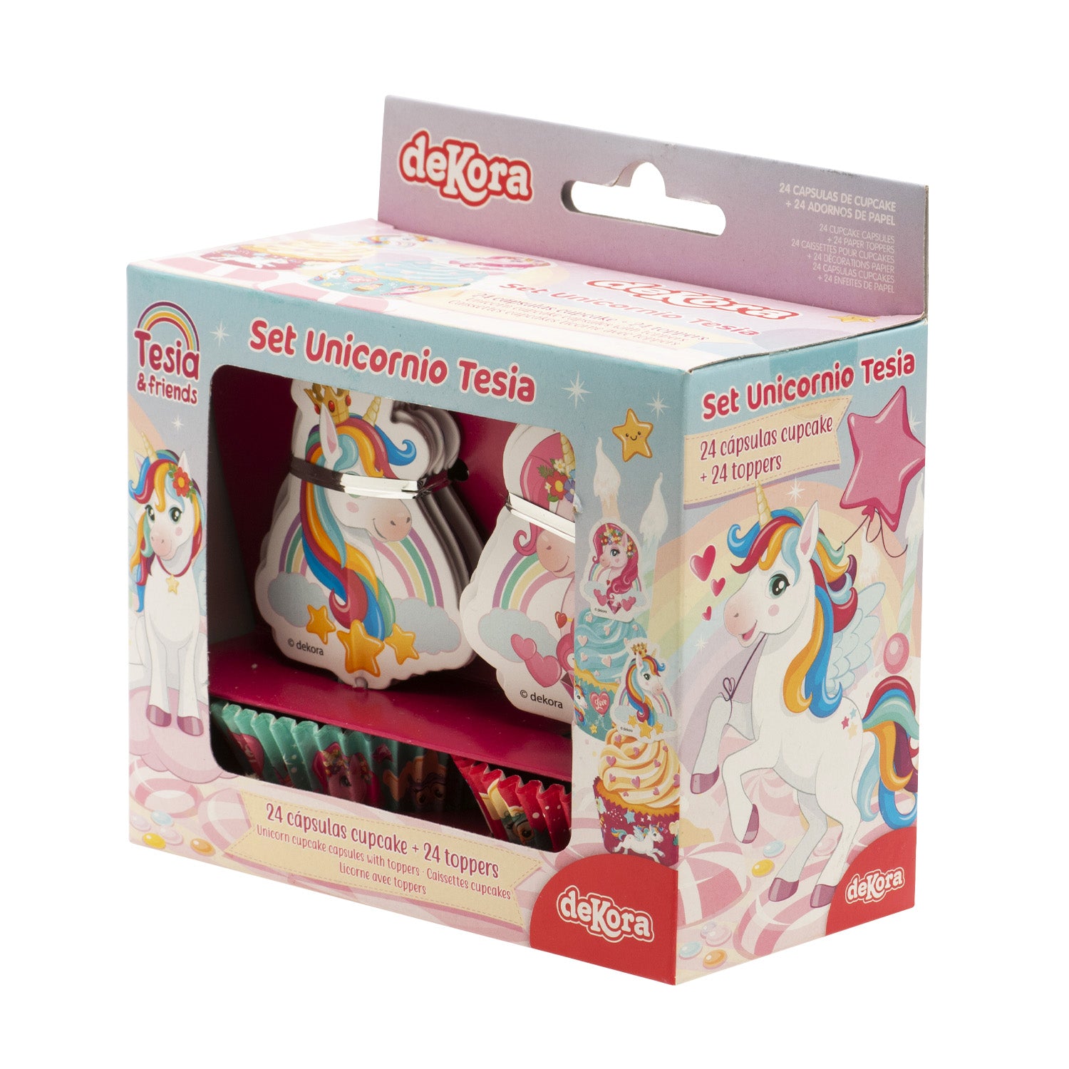 KIT DECORAÇÃO 24 CÁPSULAS CUPCAKE COM 24 TOPPERS UNICÓRNIO