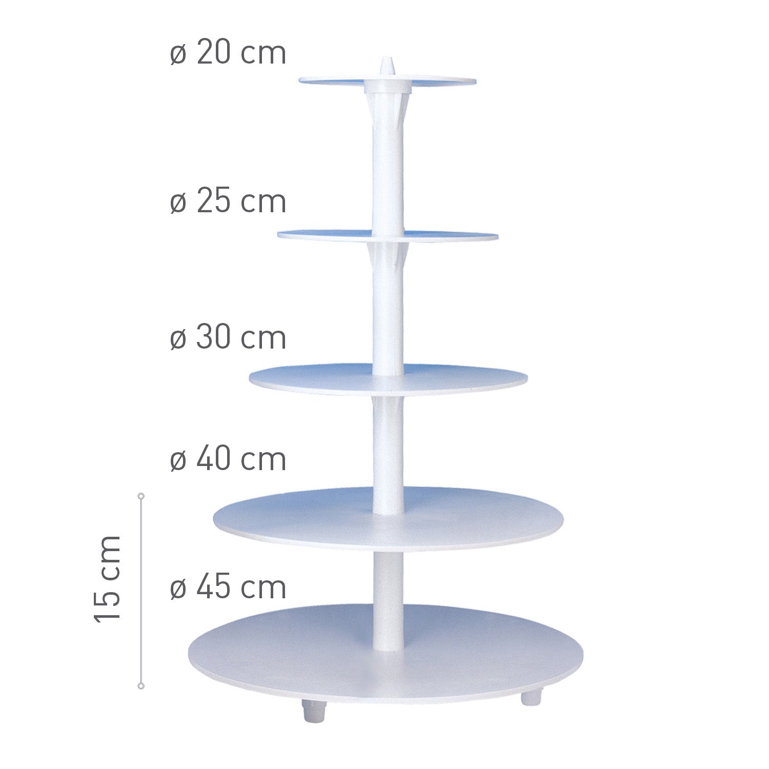 SOPORTE DE PLÁSTICO 5 PISOS PARA TARTAS Ø 45CM-40CM-30CM-25CM-20CM