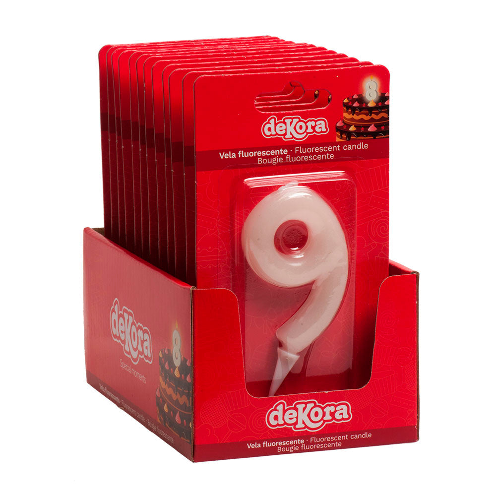 DISPLAY 12 FLUOR BOUGIES CHIFFRE 9 6CM