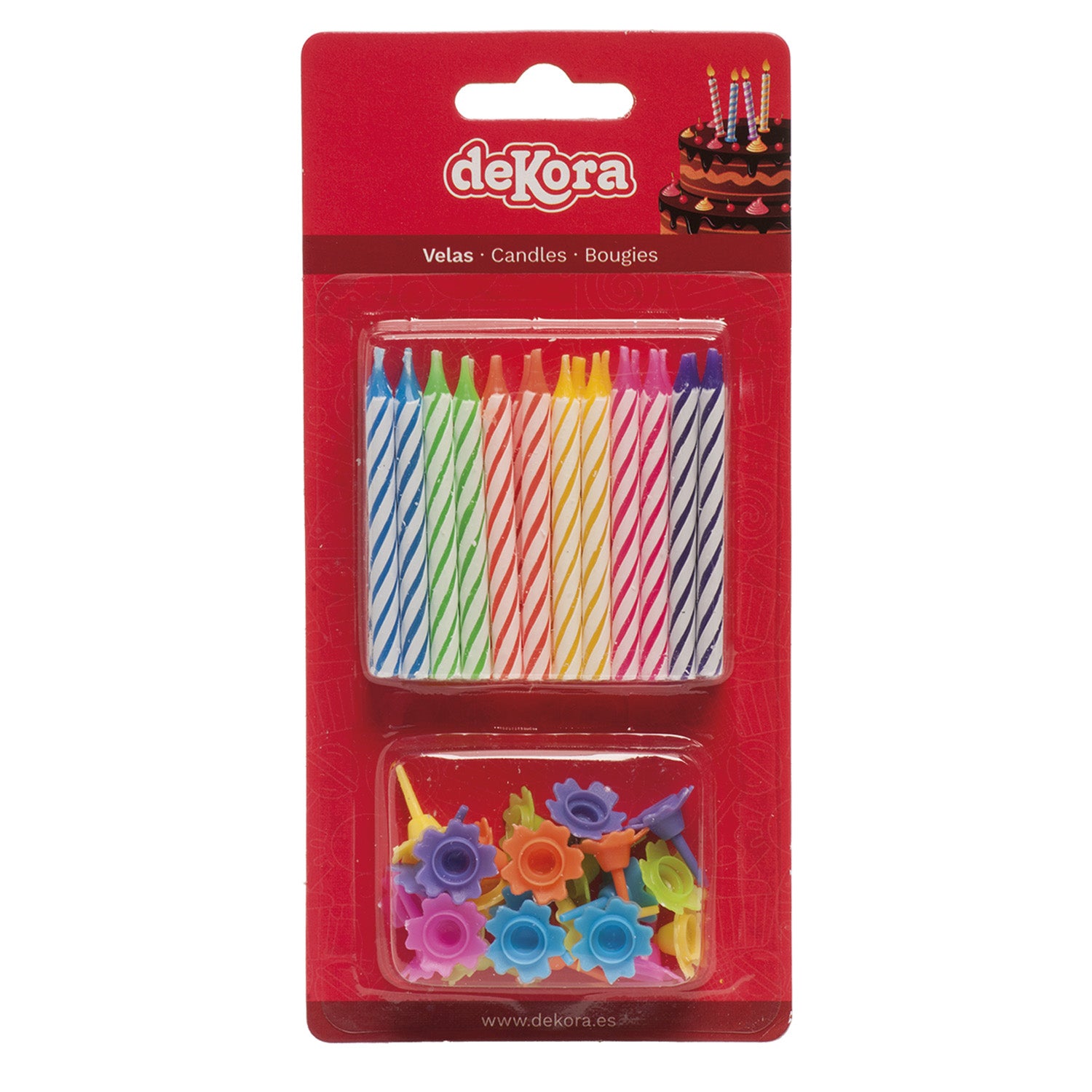 DISPLAY 12 BLISTER 24 VELAS CON BASE COLORES SURTIDOS