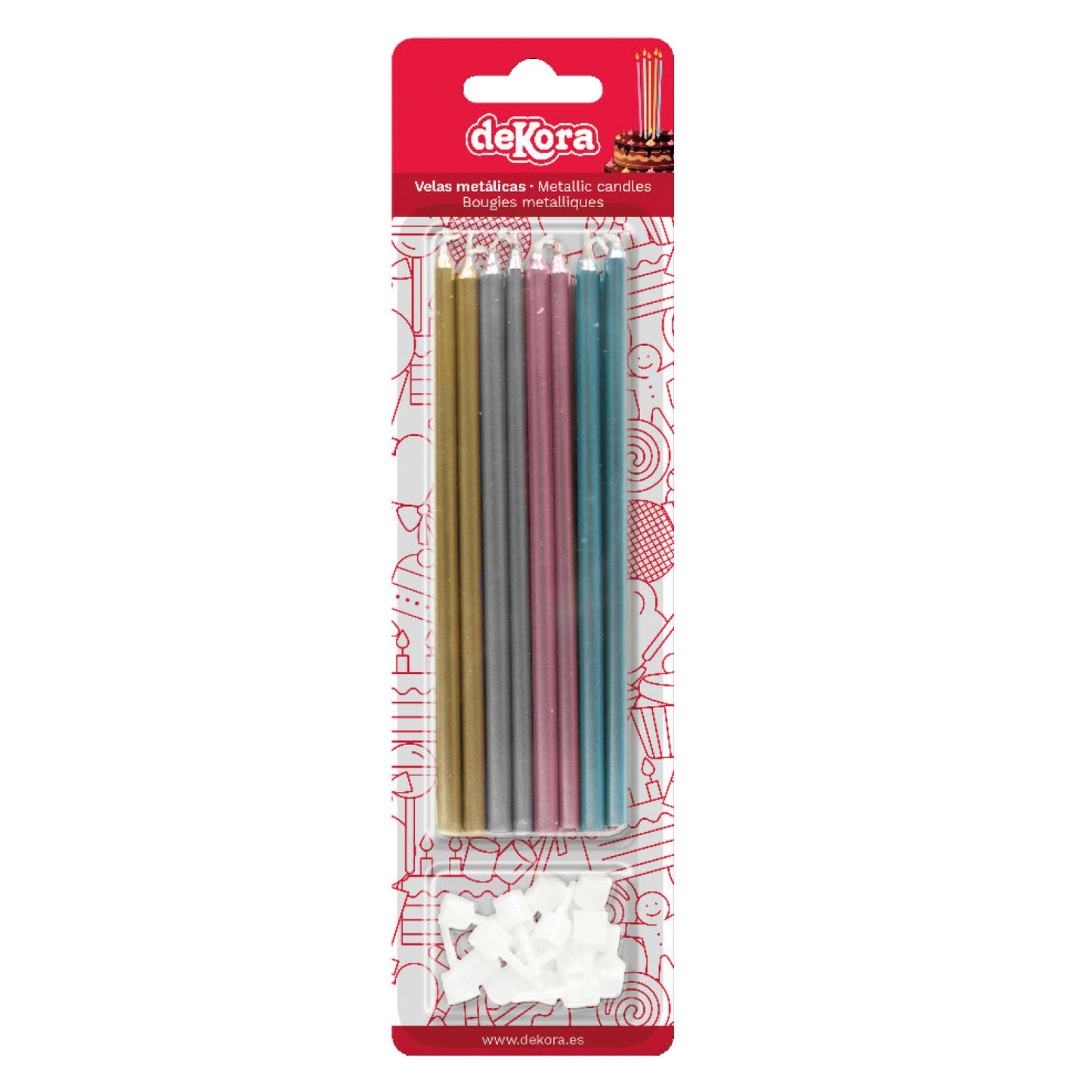BLISTER 16 BOUGIES ANNIVERSAIRE METALLIQUES OR, ARGENT, ROSE ET BLEU 13 CM