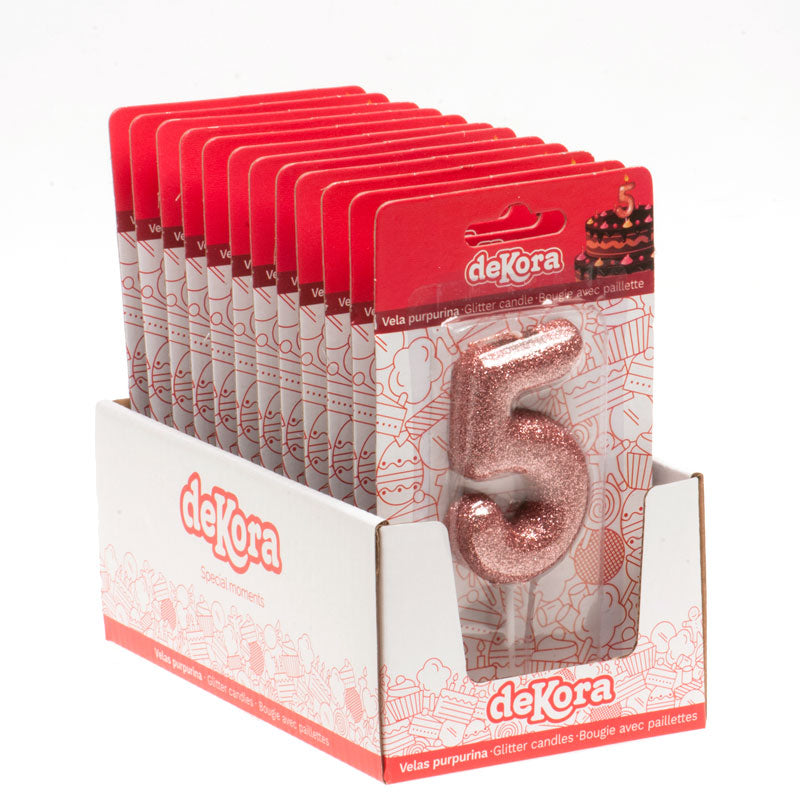 DISPLAY 12 GLITTER PINK GOLD BIRTHDAY CANDLES Nº 5