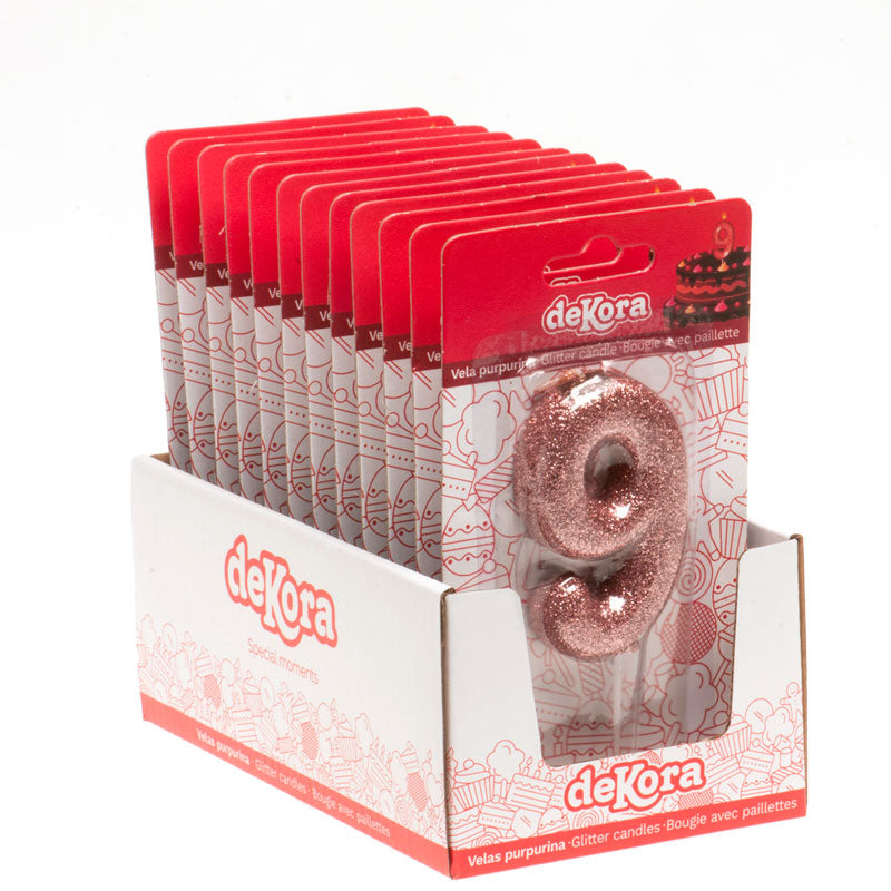 DISPLAY 12 GLITTER PINK GOLD BIRTHDAY CANDLES Nº 9