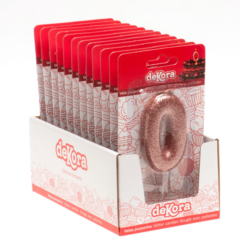 DISPLAY 12 GLITTER PINK GOLD BIRTHDAY CANDLES Nº 0