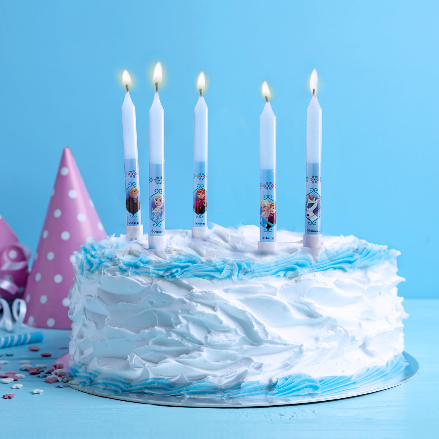 DISPLAY 12 BLISTER 8 VELAS PALILLO CUMPLEAÑOS FROZEN 9CM