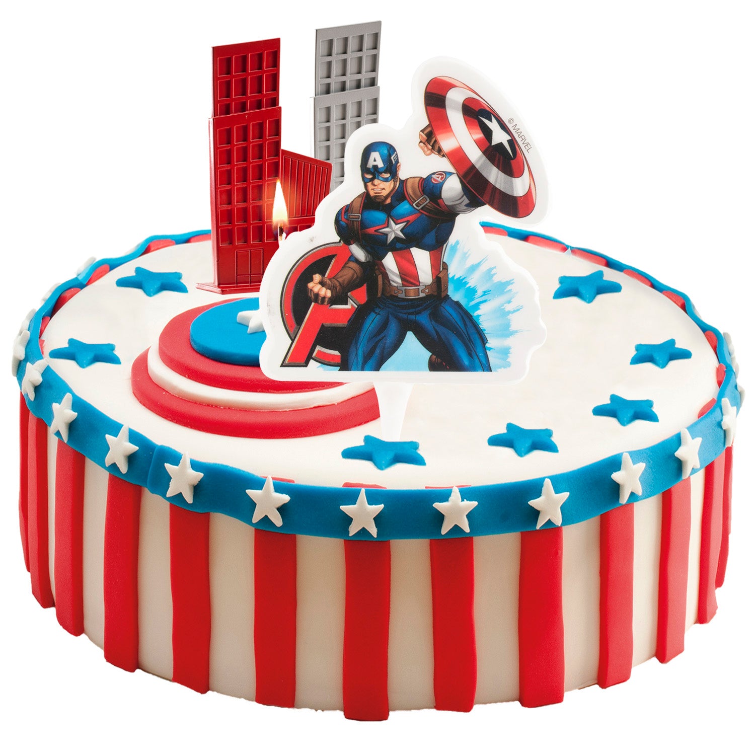 DISPLAY 12 VELAS ANIVÉRSARIO 2D "AVENGERS" CAPITÁN AMÉRICA 7,5 CM
