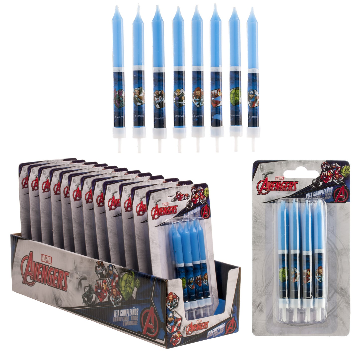 DISPLAY 12 BLISTER 8 VELAS PALITOS ANIVERSÁRIO OS VINGADORES 9CM