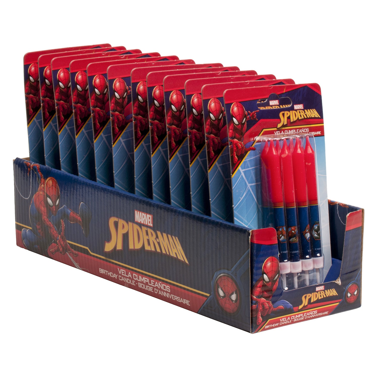 DISPLAY 12 BLISTERS 8 VELAS CUMPLEAÑOS PALILLO SPIDERMAN 9 CM