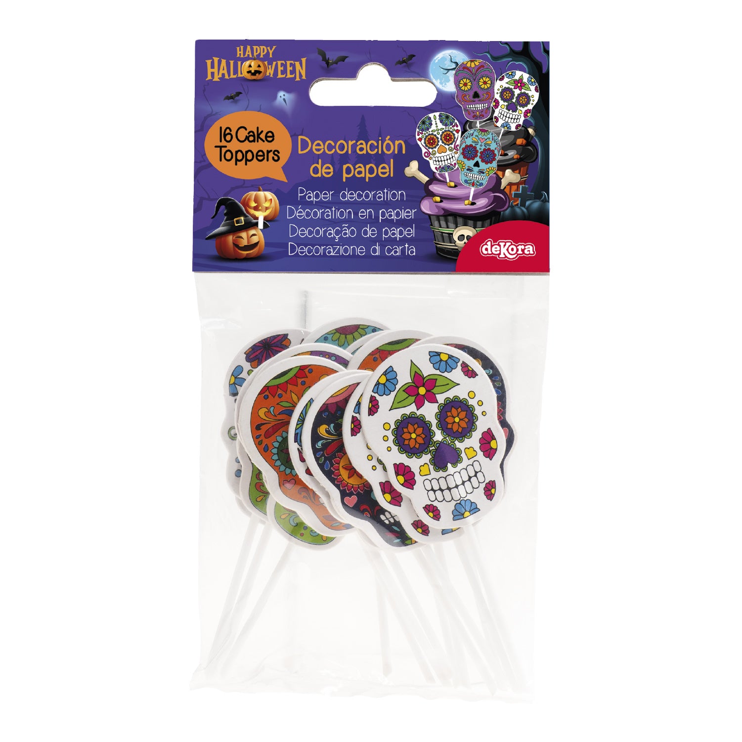 CAKE TOPPERS DE PAPEL CALAVERAS DE HALLOWEEN 16 UDS