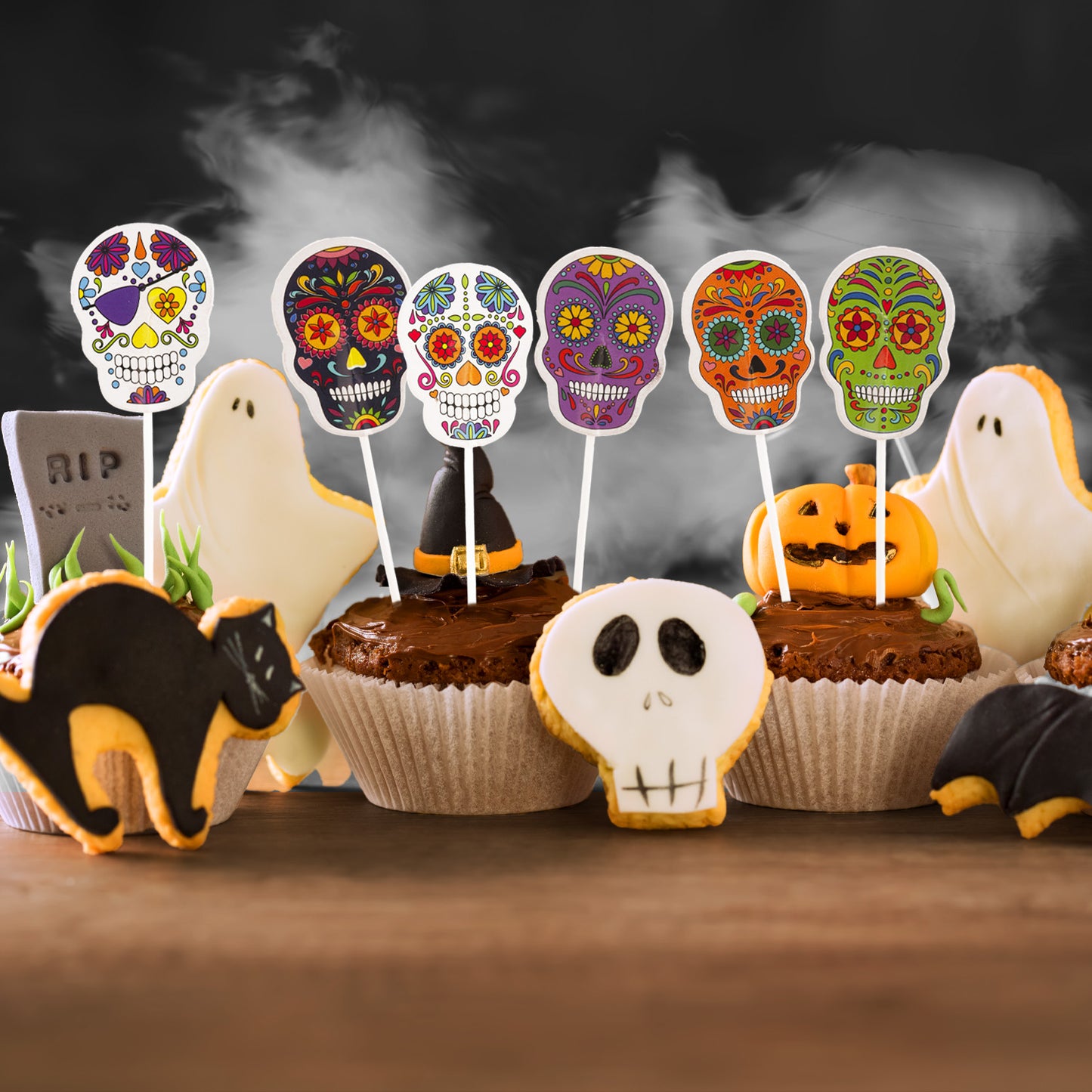 CAKE TOPPERS DE PAPEL CALAVERAS DE HALLOWEEN 16 UDS