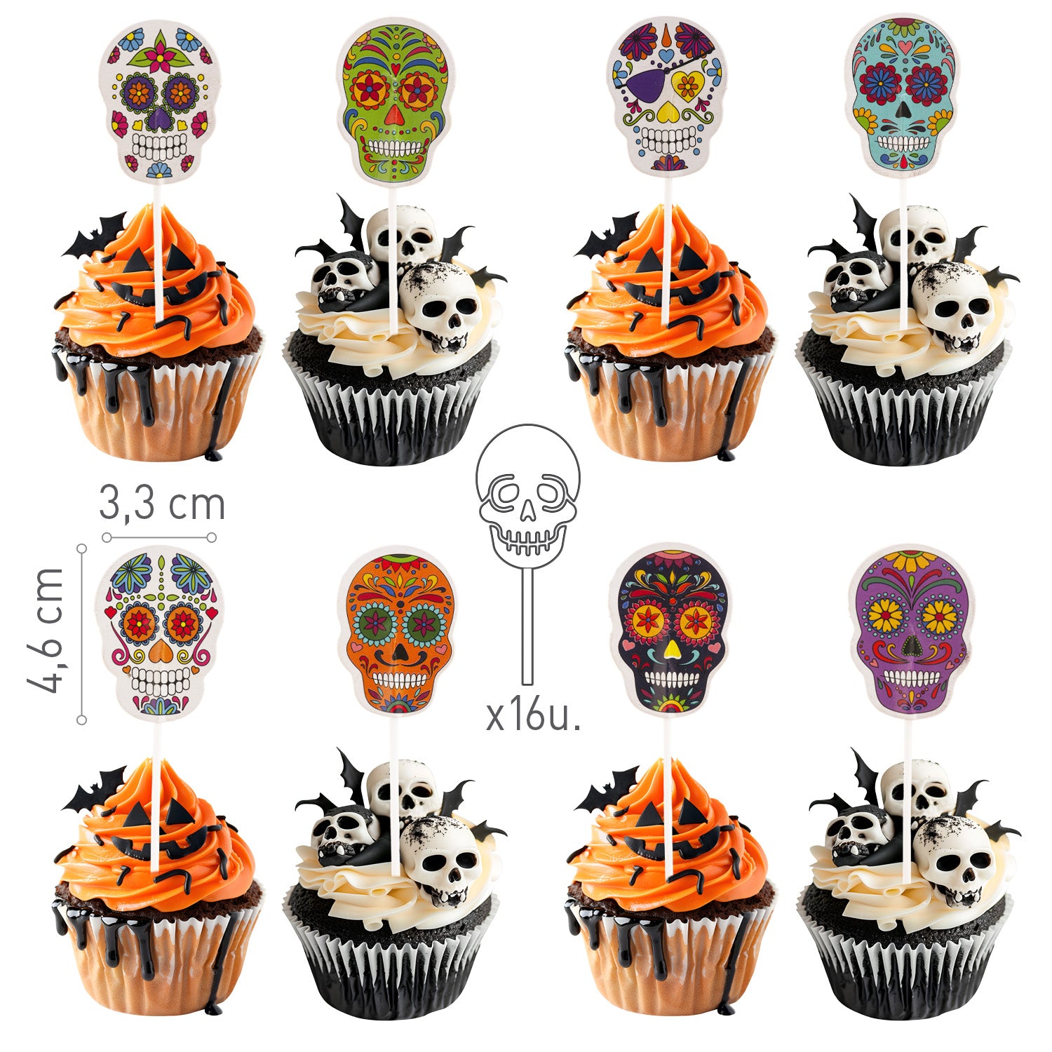 CAKE TOPPERS DE PAPEL CALAVERAS DE HALLOWEEN 16 UDS