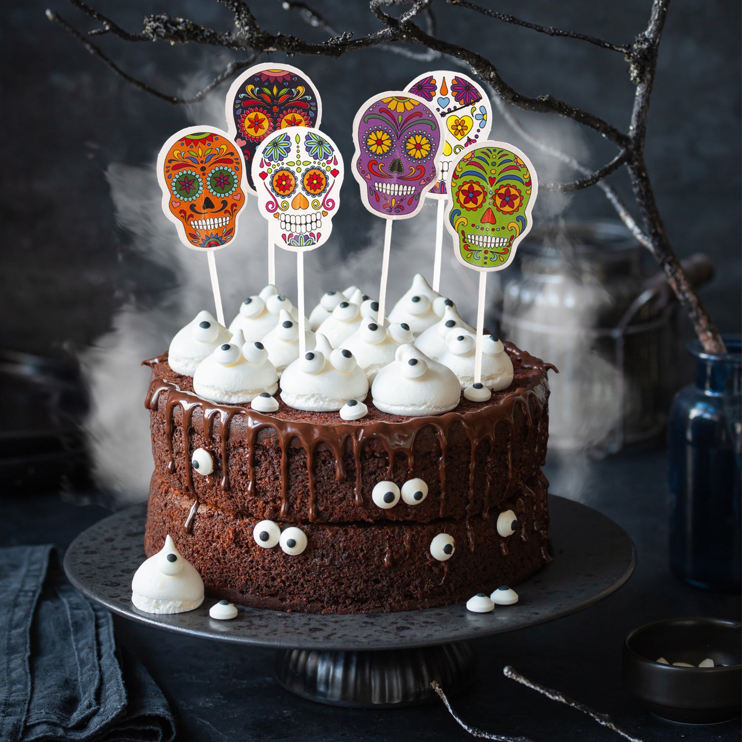 CAKE TOPPERS DE PAPEL CALAVERAS DE HALLOWEEN 16 UDS