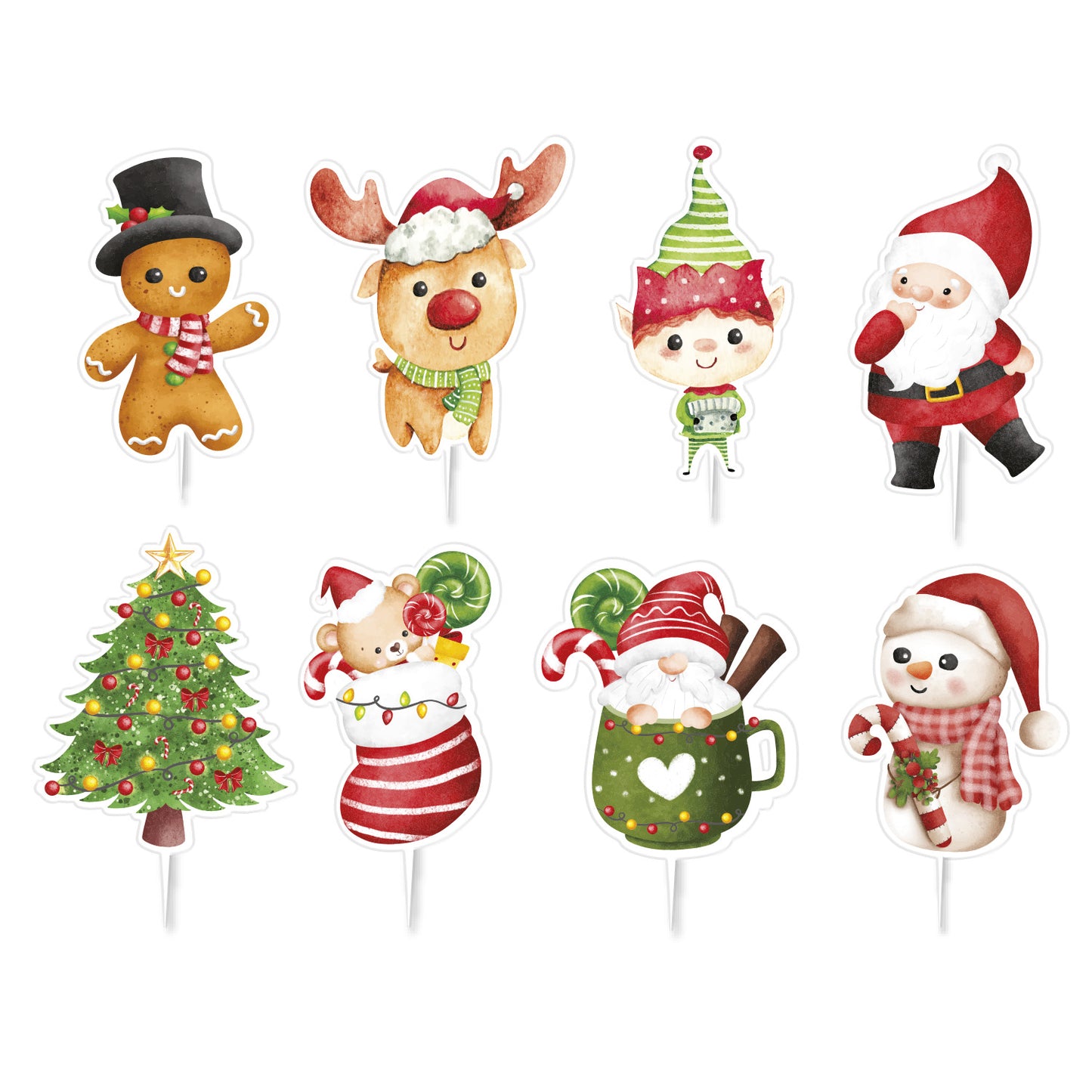 CAKE TOPPERS DE PAPEL DE NAVIDAD 8 DISEÑOS ACUARELA 16 UND
