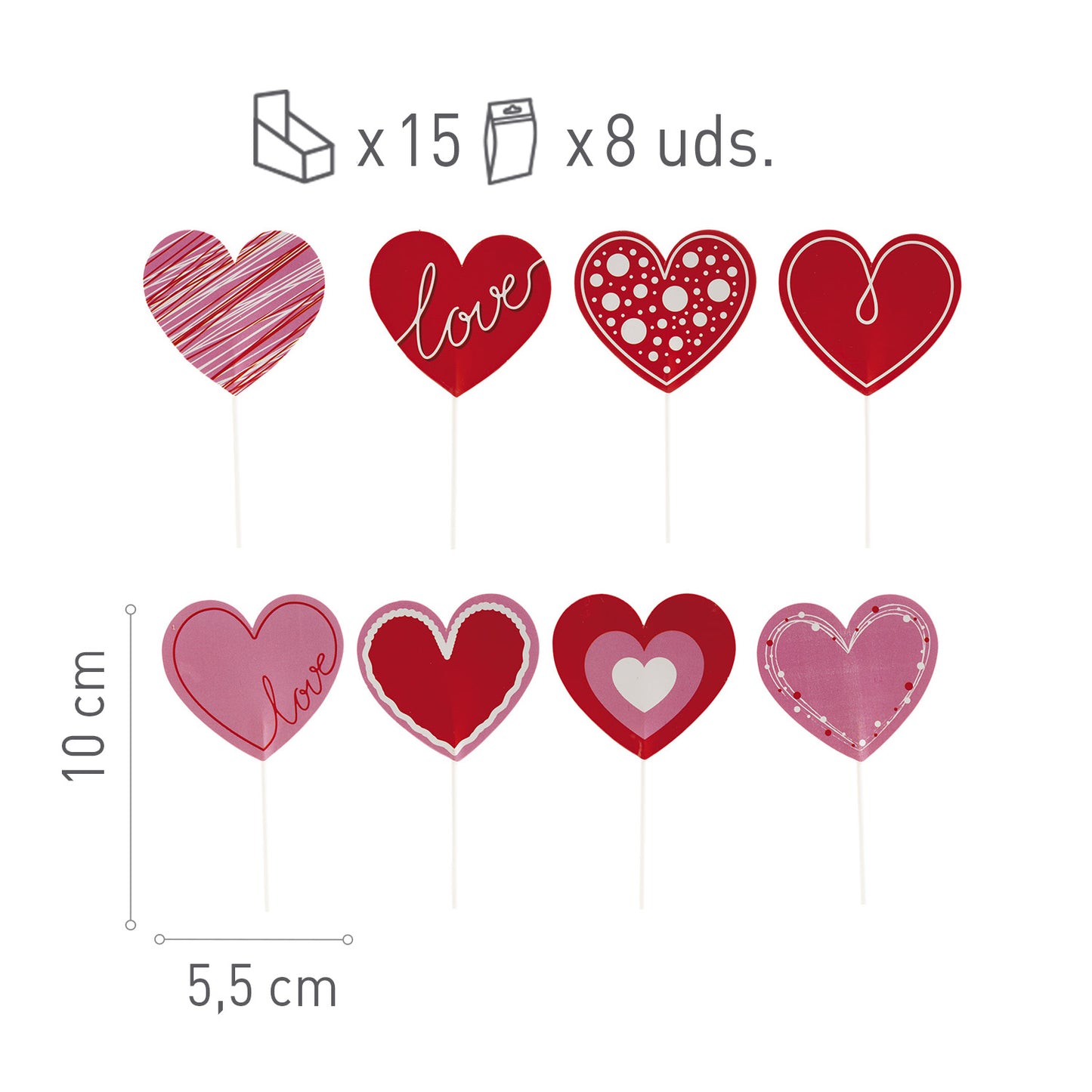 CAKE TOPPERS PAPEL CORAÇÕES 4 MODELOS 8 UNIDADES
