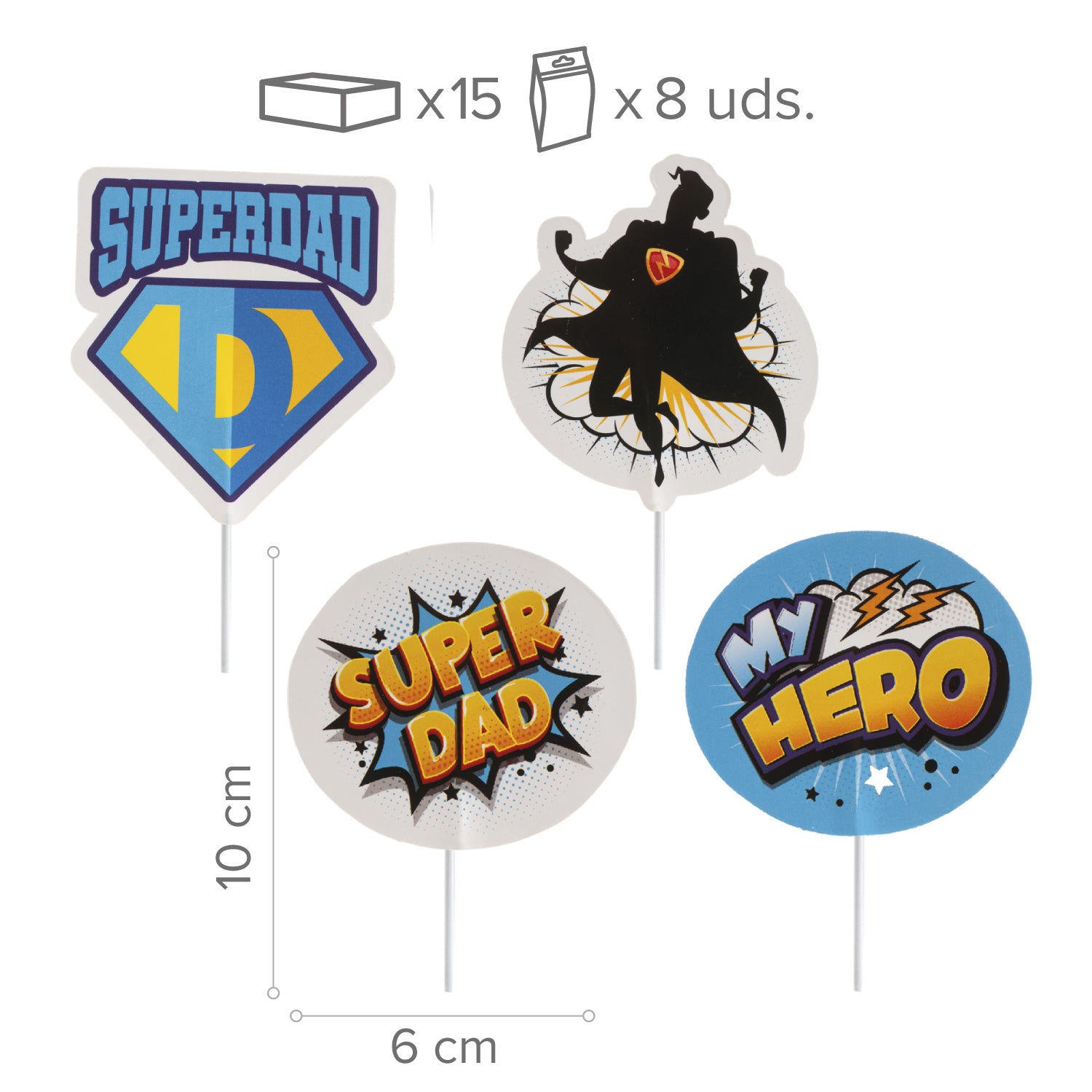 CAKE TOPPERS EN PAPIER SUPERDAD 4 MODÈLES 8 UNITÉS