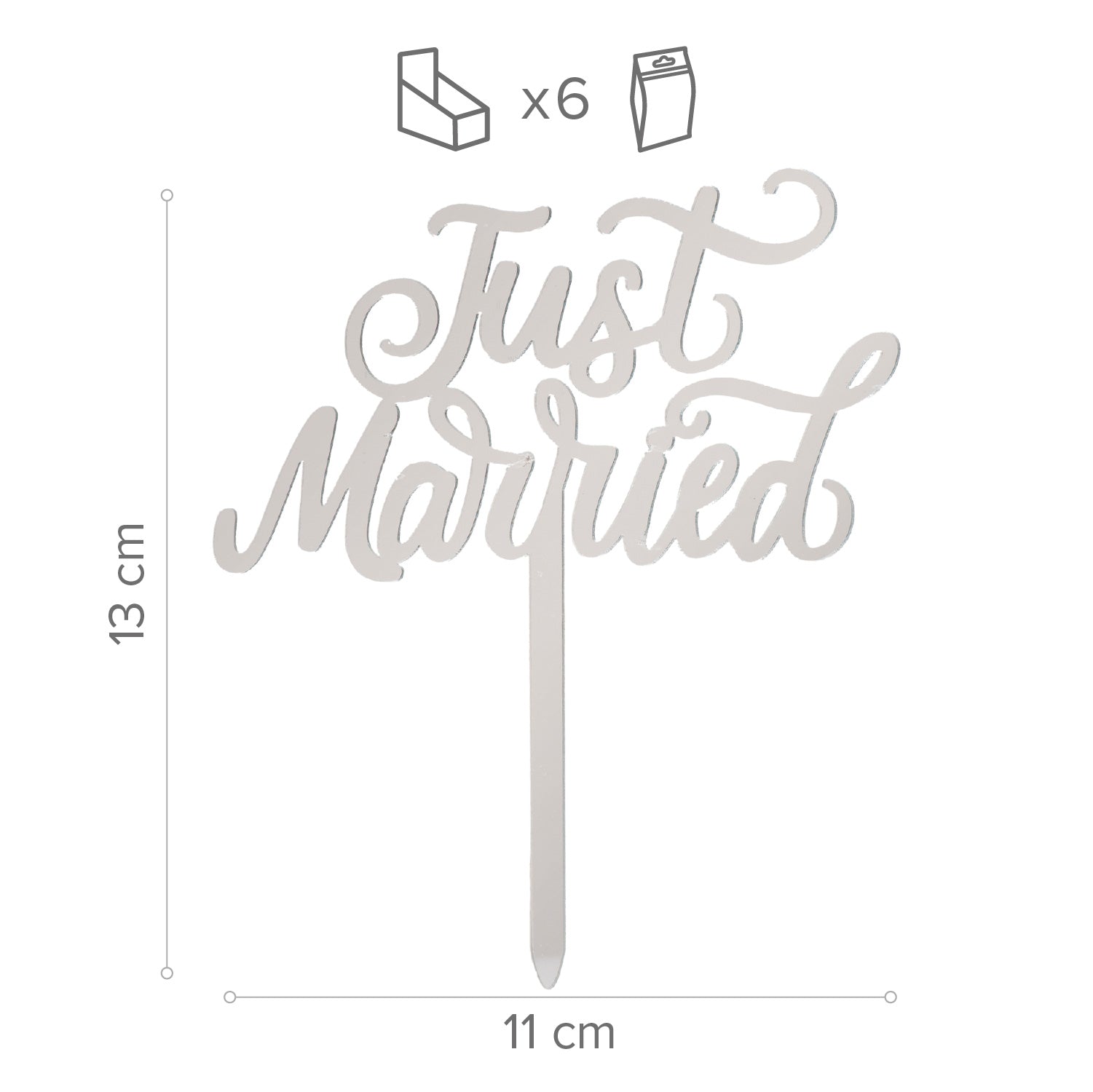 DÉCORATION DE GÂTEAU JUST MARRIED ARGENTÉ 11X13CM