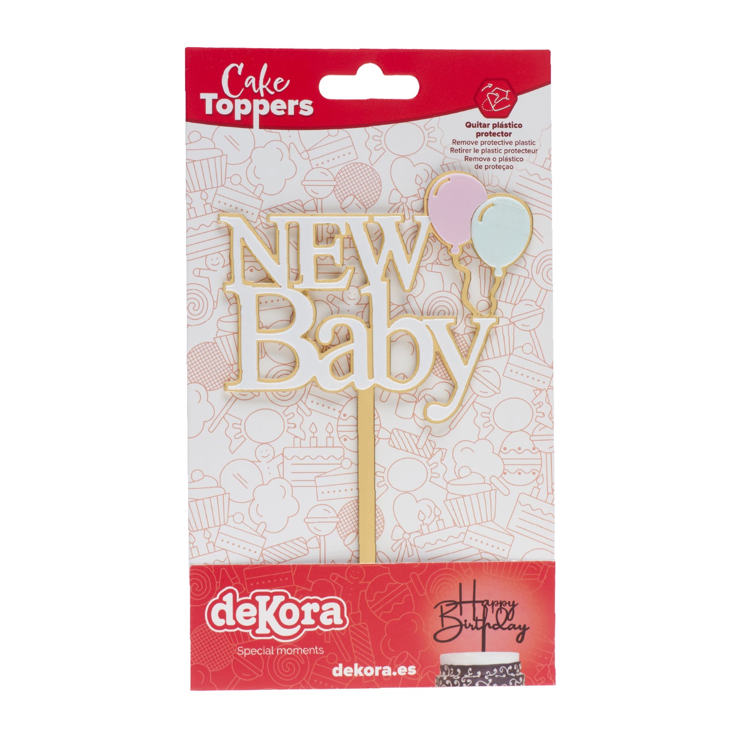 CAKE TOPPER NOVO BEBÊ DOURADO E BRANCO 10X14CM