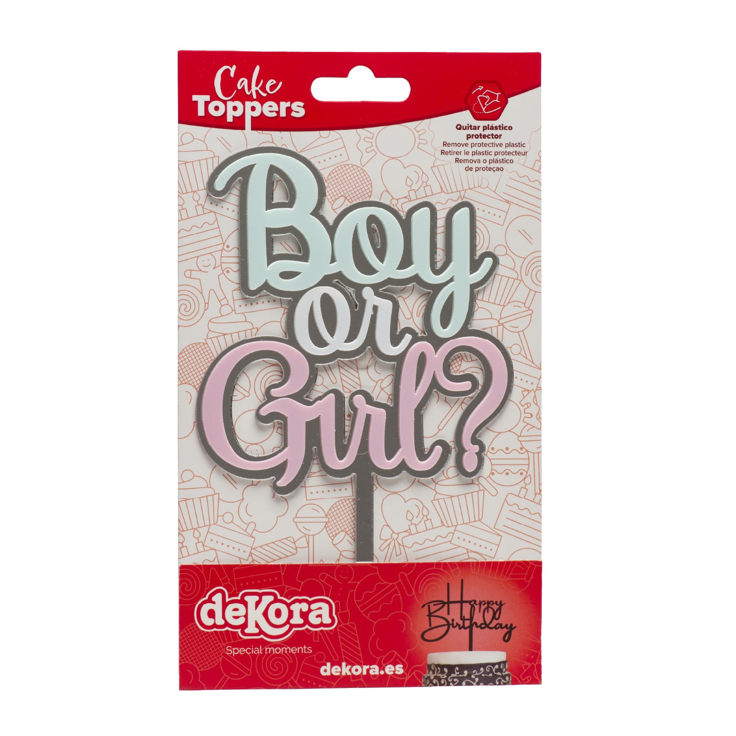 CAKE TOPPER MENINO OU MENINA PRATA, ROSA E AZUL 10,5X16,5C