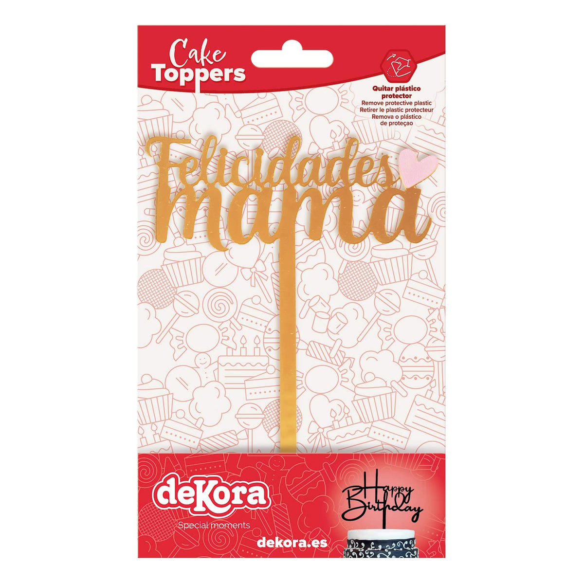 CAKE TOPPER FELICIDADES MAMÁ CORAZÓN DORADO 11X14,5CM