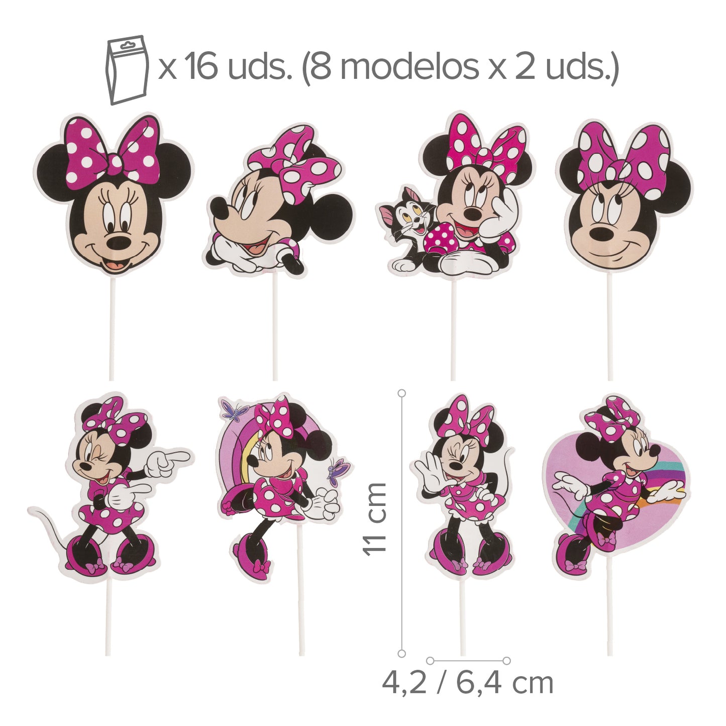 CAKE TOPPER PAPEL MINNIE MOUSE 8 MODELOS 16 UNIDADES