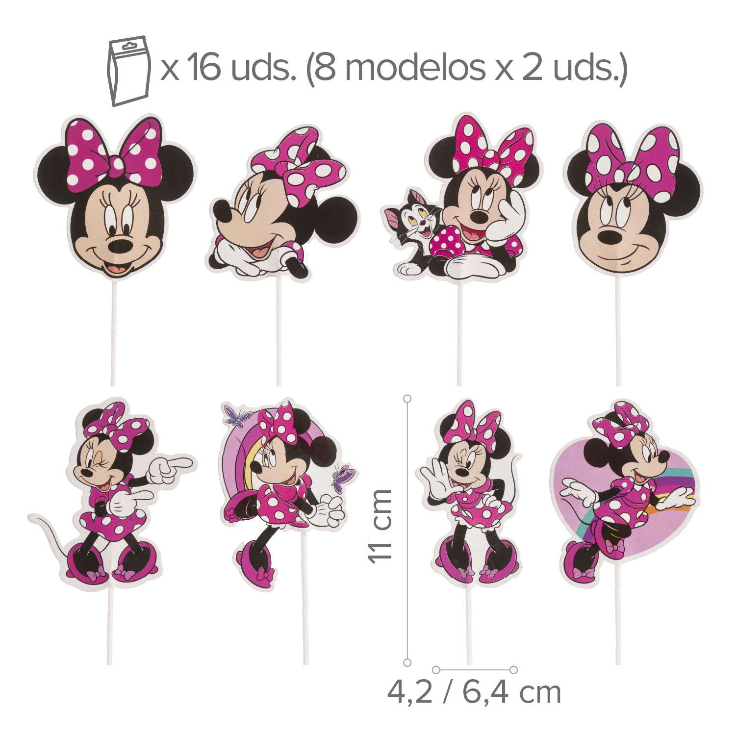 CAKE TOPPER PAPEL MINNIE MOUSE 8 MODELOS 16 UNIDADES