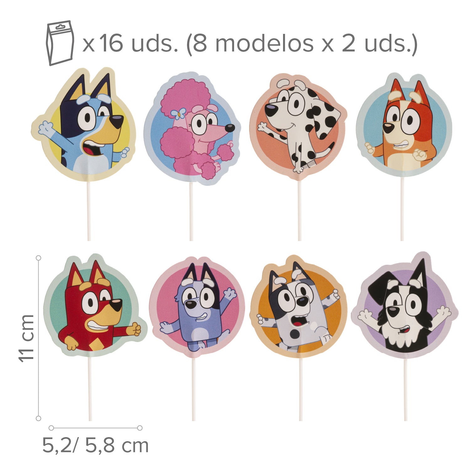 CAKE TOPPER PAPEL BLUEY Y BINGO 16 UNIDADES