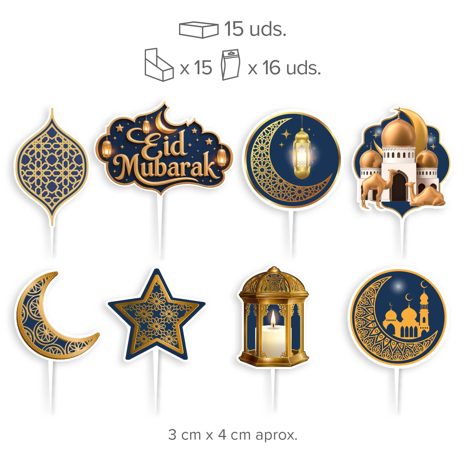 CAKE TOPPERS PAPEL EID MUBARAK 8 MODELOS 16 UNIDADES