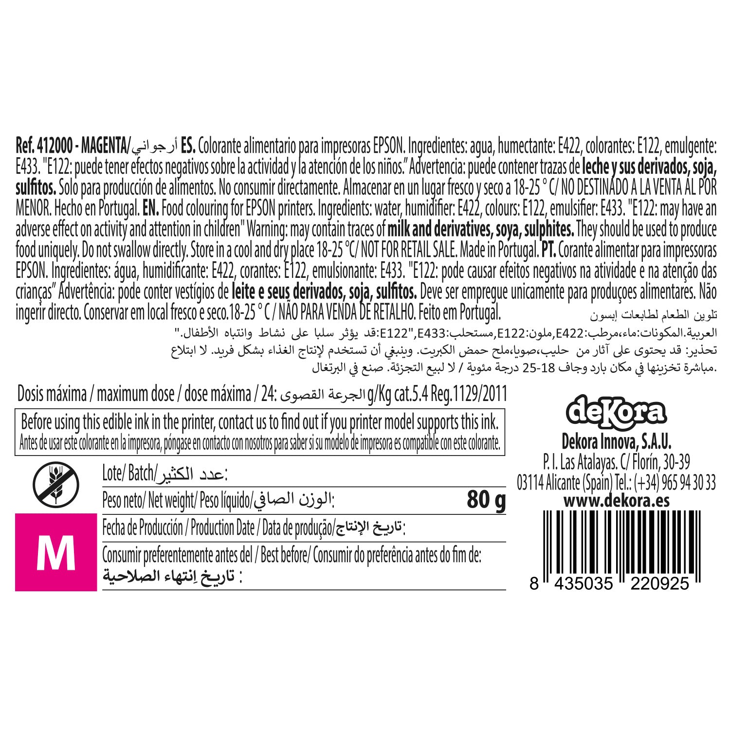 BOTE COLORANTE MAGENTA 80CC PARA CARTUCHOS EPSON