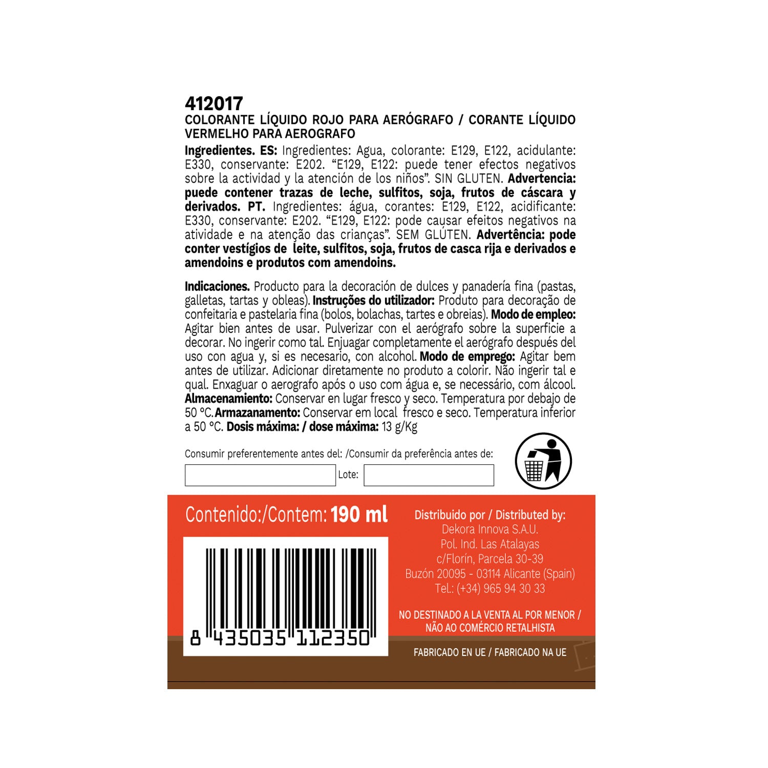 COLORANTE ALIMENTARIO ESPECIAL AERÓGRAFO ROJO 190ML
