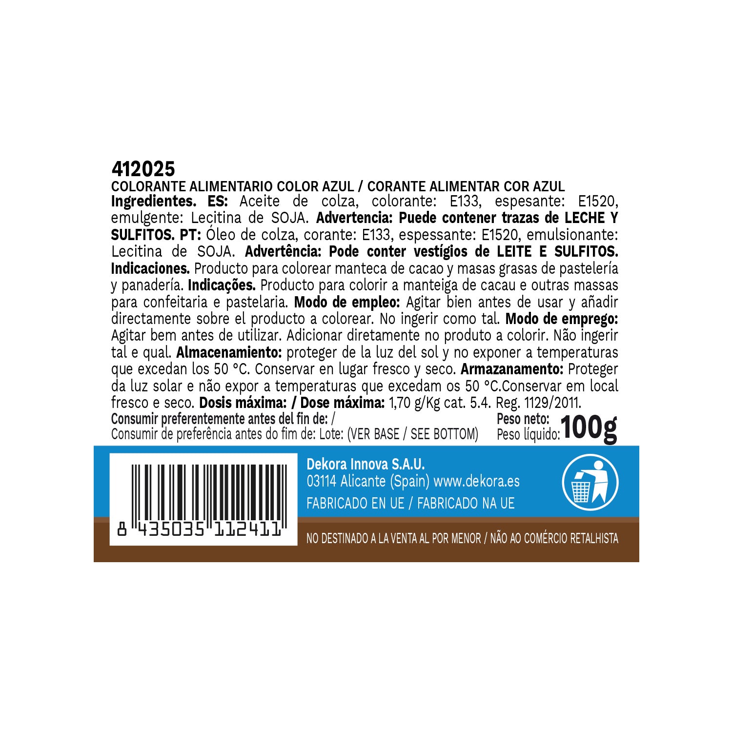 COLORANT ALIMENTAIRE LIQUIDE LIPOSOLUBLE BLEU 100 GR