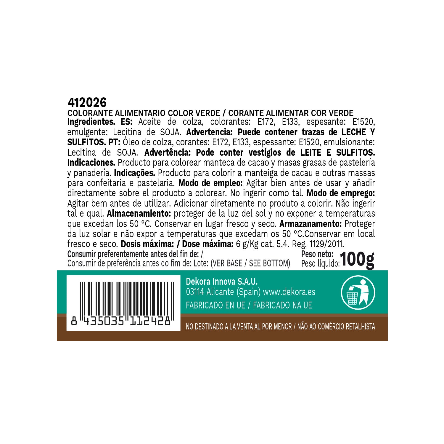 COLORANT ALIMENTAIRE LIQUIDE LIPOSOLUBLE VERT 100 GR