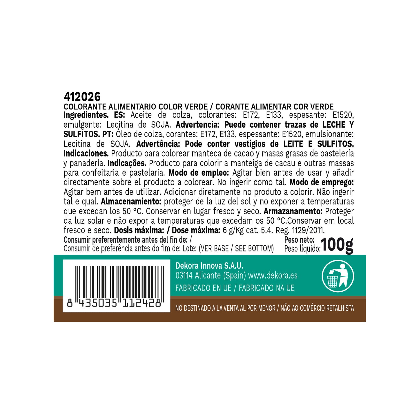 COLORANT ALIMENTAIRE LIQUIDE LIPOSOLUBLE VERT 100 GR